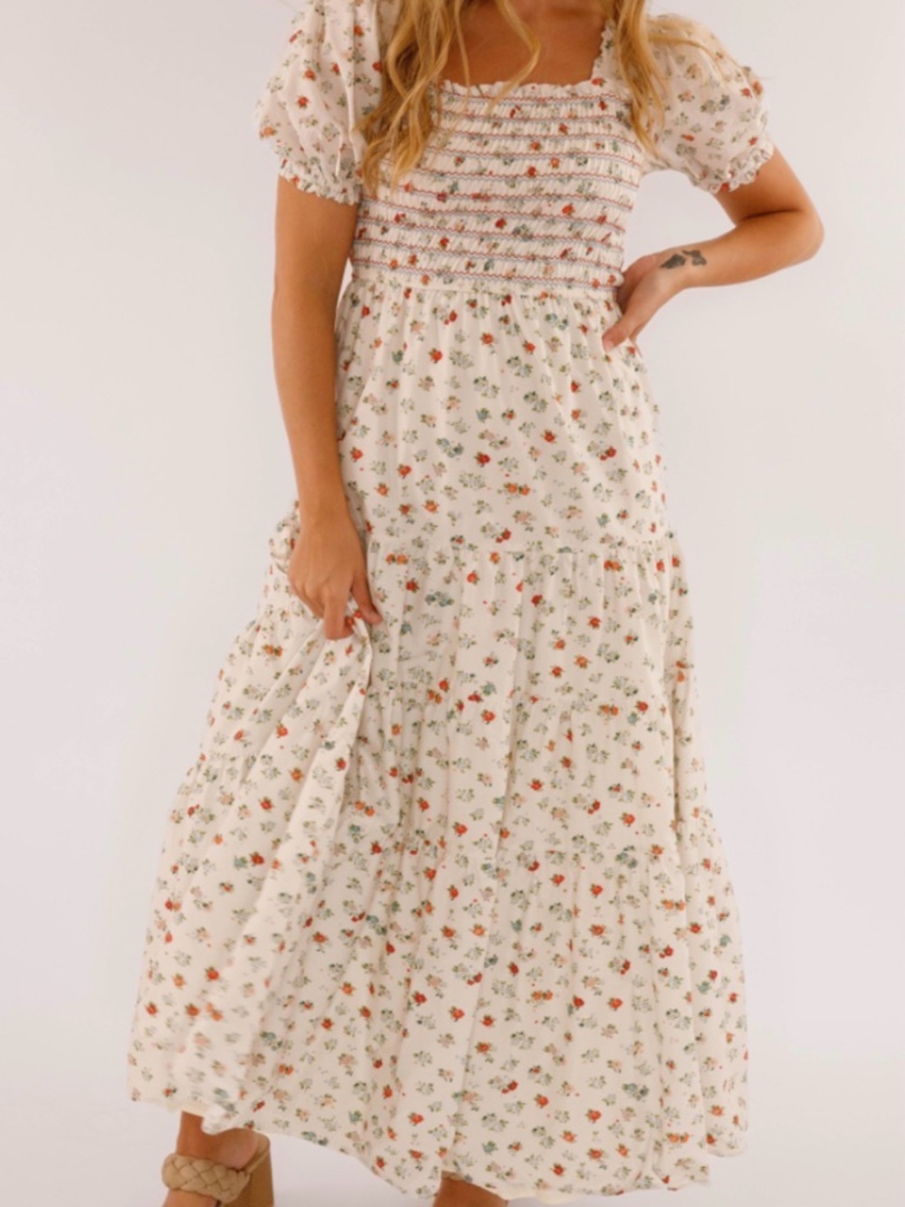ARULA Cream Floral Tiered Smocked Maxi Dress Red Pink Green Rust Medium Large - Picture 5 of 5